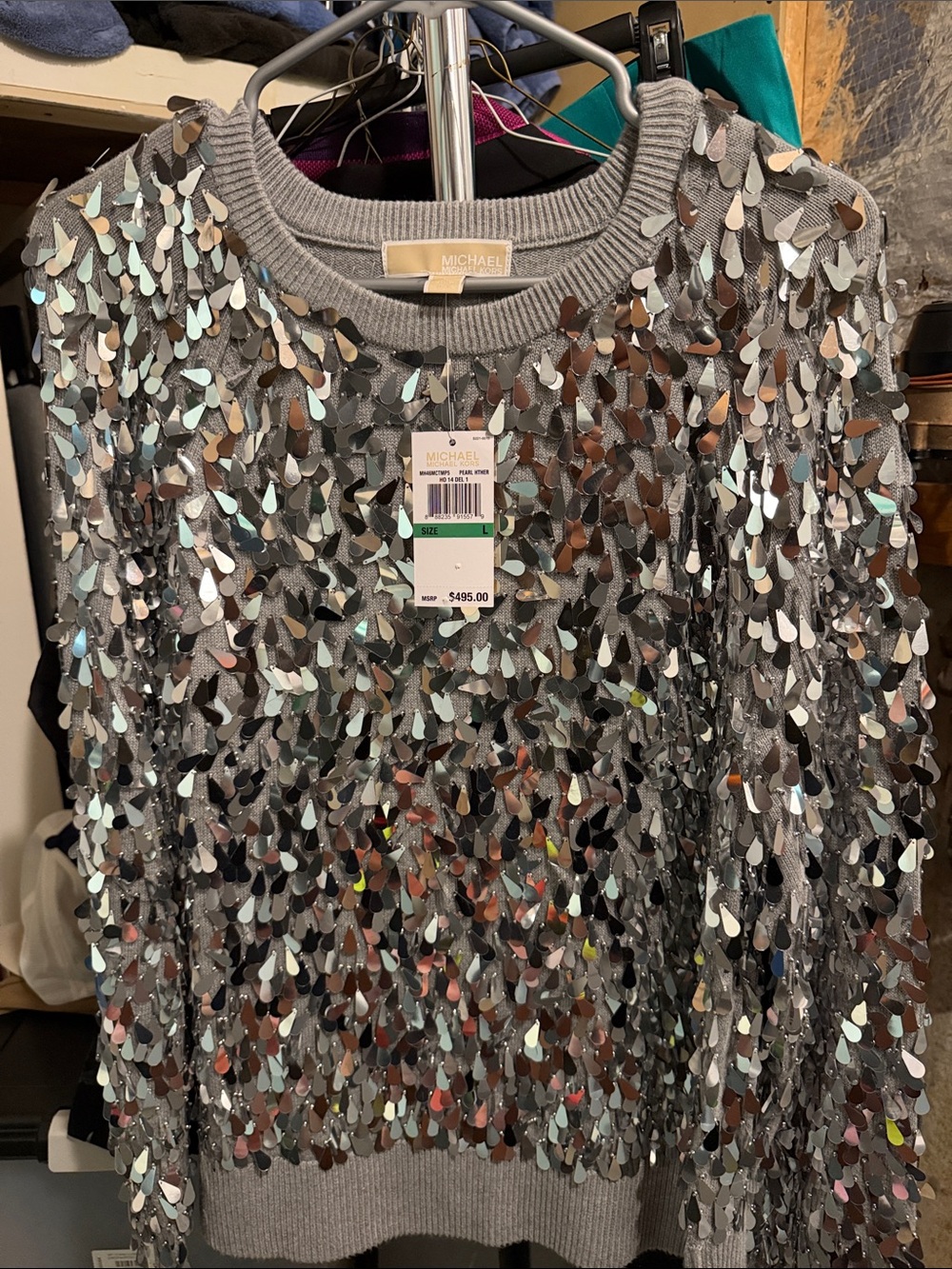 Michael Kors Gray Sequin Teardrop Crewneck Sweater